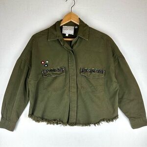 Beautiful Stories Embroidered Embellished Button Down Raw Edge Shacket Boho